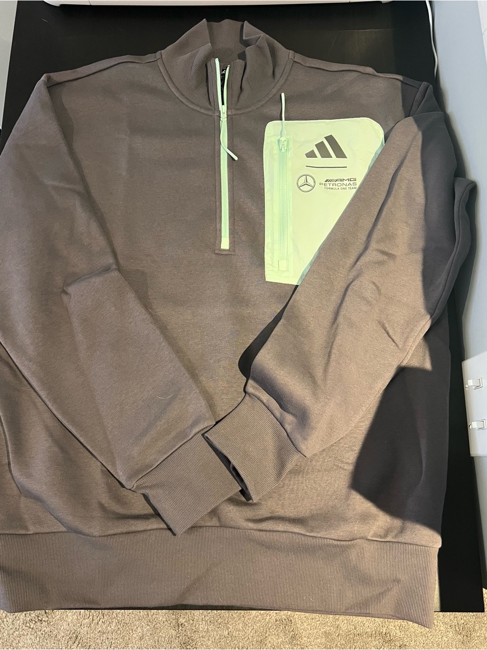 Adidas Mercedes F1 Team Men’s Grey Quarter-Zip Pullover with Mint Accent